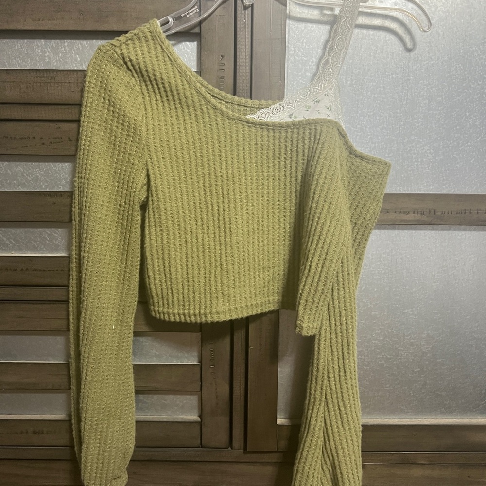 Olive Green Cropped One-Shoulder Sweater
